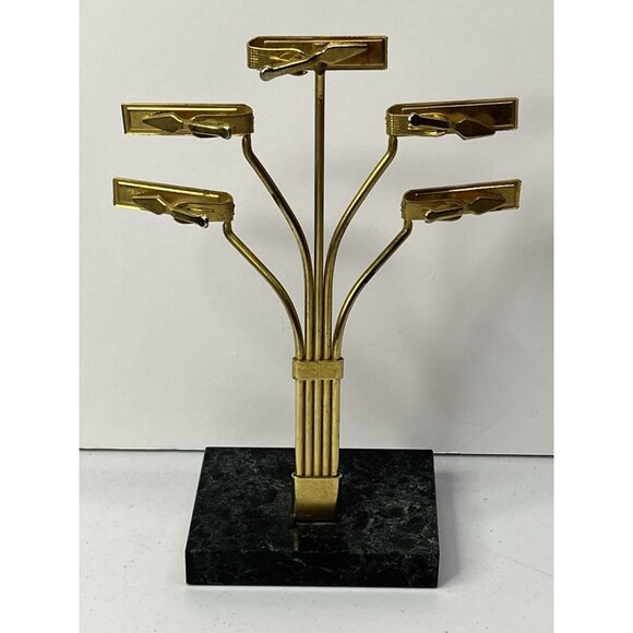 Vintage Brass Desktop Organizer Desk Memo Tree Note Clip Display MCM Marble Base - Picture 8 of 14
